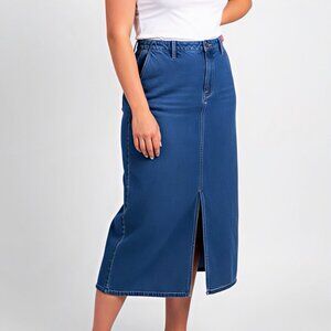 St. John's Bay Denim Straight Midi Skirt Blue Button Pockets Size 14 CottageCore